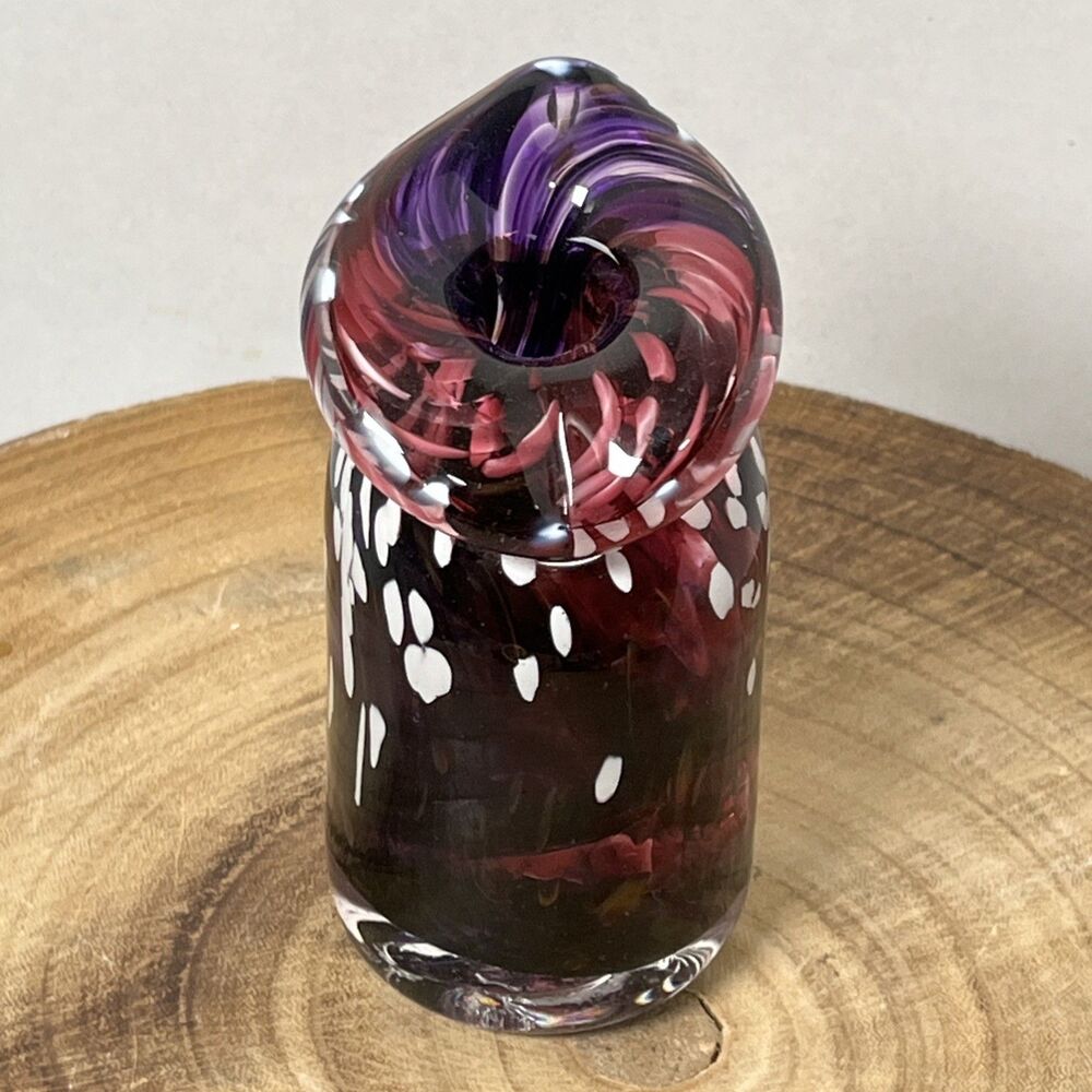 Stunning Art Glass Squatty Jack In The Pulpit Vase Purple Swirl White Speckle